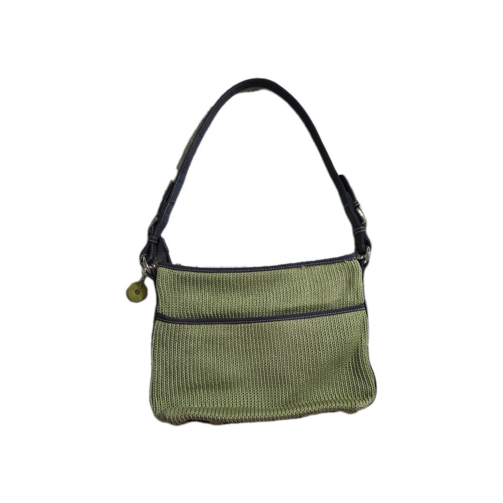 The Sak Women's Shoulder Bag Tote Woven  Green Crochet Knit Black strap handle